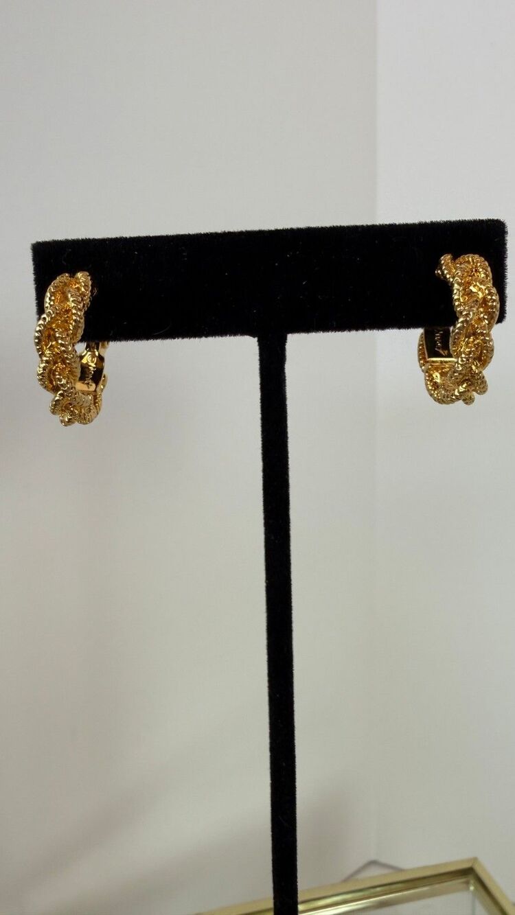 Vintage Monet Gold Tone Braided Rope Hoop Clip On Earrings